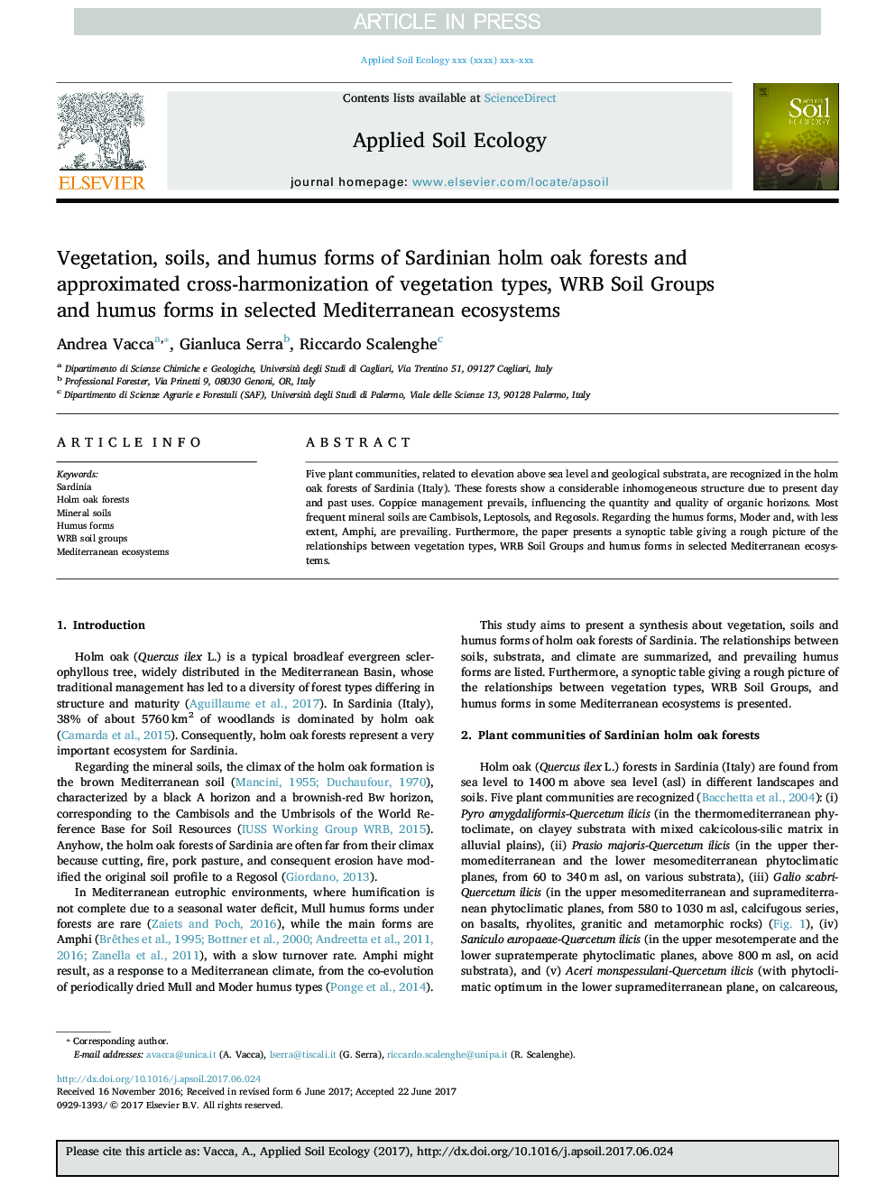 Vegetation, soils, and humus forms of Sardinian holm oak forests and approximated cross-harmonization of vegetation types, WRB Soil Groups and humus forms in selected Mediterranean ecosystems