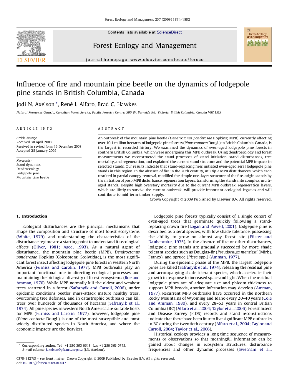 Influence of fire and mountain pine beetle on the dynamics of lodgepole pine stands in British Columbia, Canada