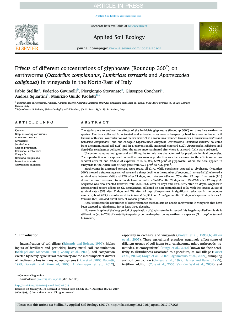 Effects of different concentrations of glyphosate (Roundup 360®) on earthworms (Octodrilus complanatus, Lumbricus terrestris and Aporrectodea caliginosa) in vineyards in the North-East of Italy