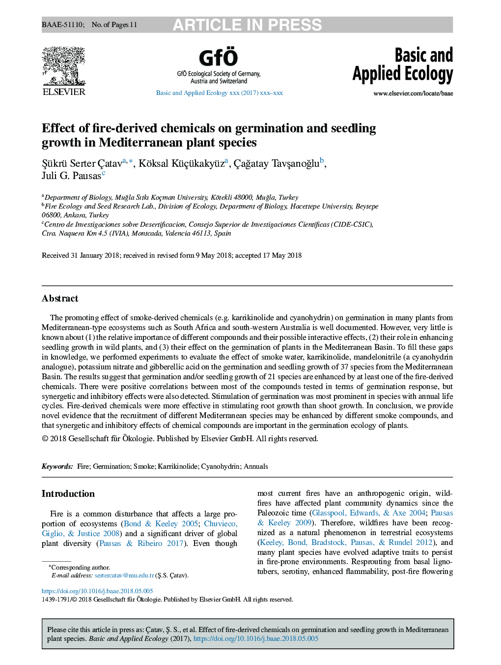 Effect of fire-derived chemicals on germination and seedling growth in Mediterranean plant species