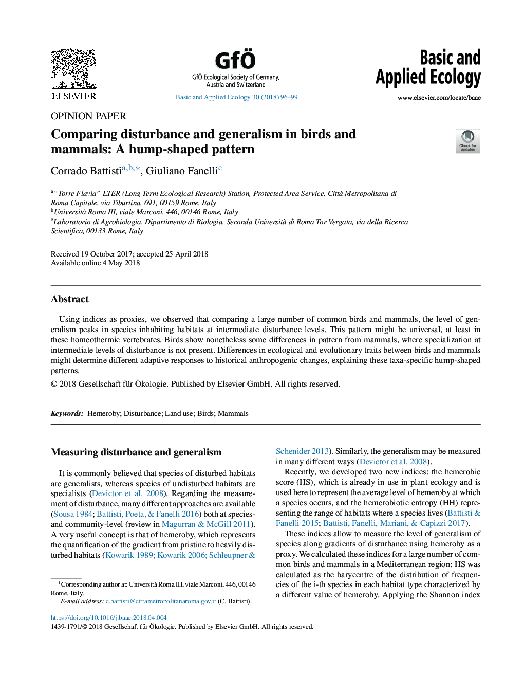 Comparing disturbance and generalism in birds and mammals: A hump-shaped pattern