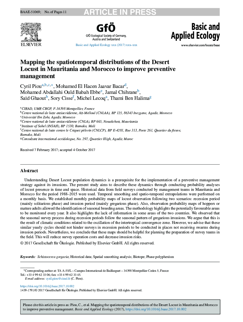 Mapping the spatiotemporal distributions of the Desert Locust in Mauritania and Morocco to improve preventive management