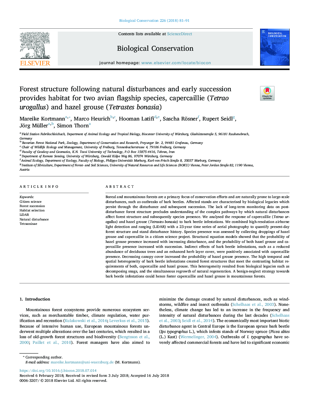 Forest structure following natural disturbances and early succession provides habitat for two avian flagship species, capercaillie (Tetrao urogallus) and hazel grouse (Tetrastes bonasia)