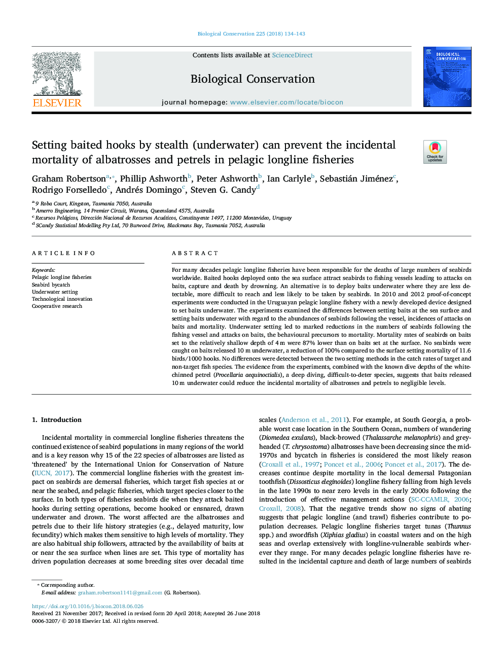 Setting baited hooks by stealth (underwater) can prevent the incidental mortality of albatrosses and petrels in pelagic longline fisheries