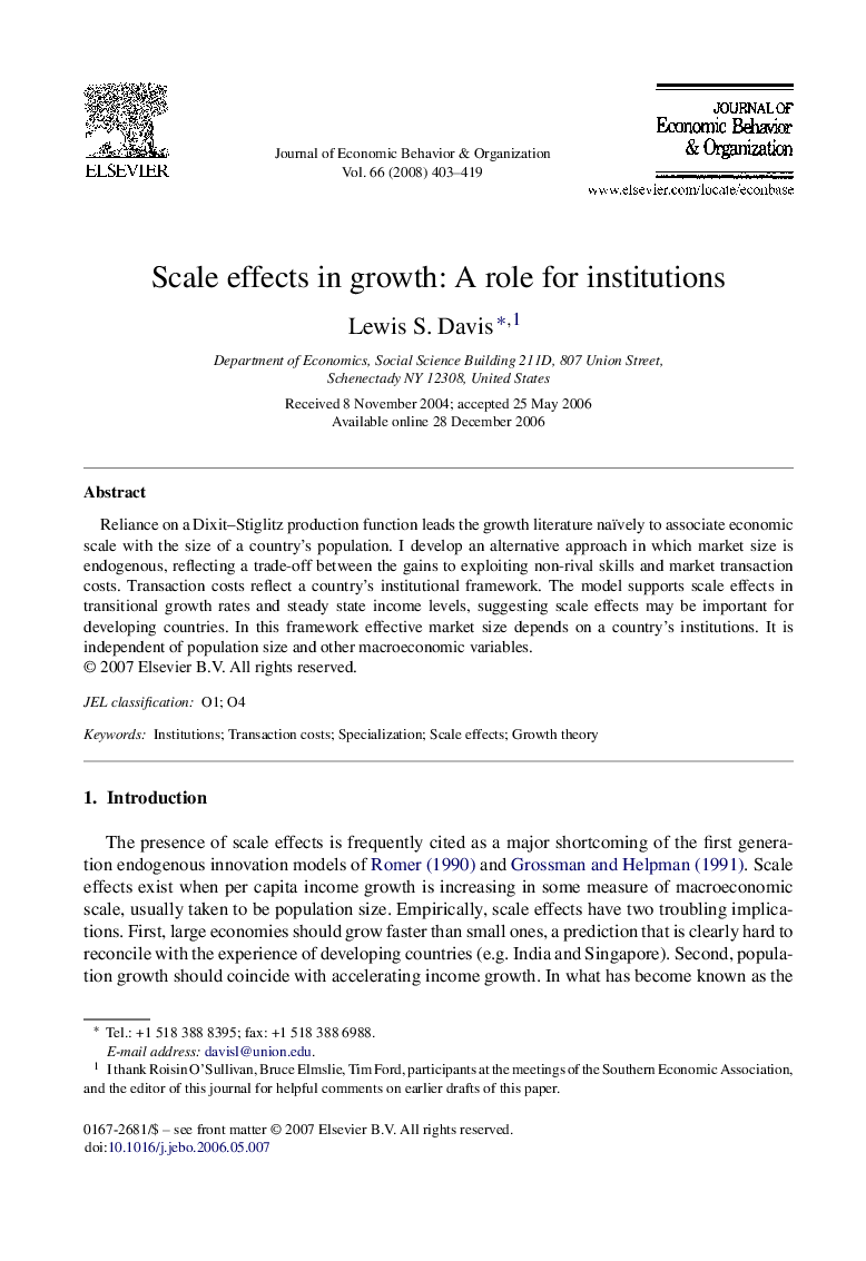 Scale effects in growth: A role for institutions