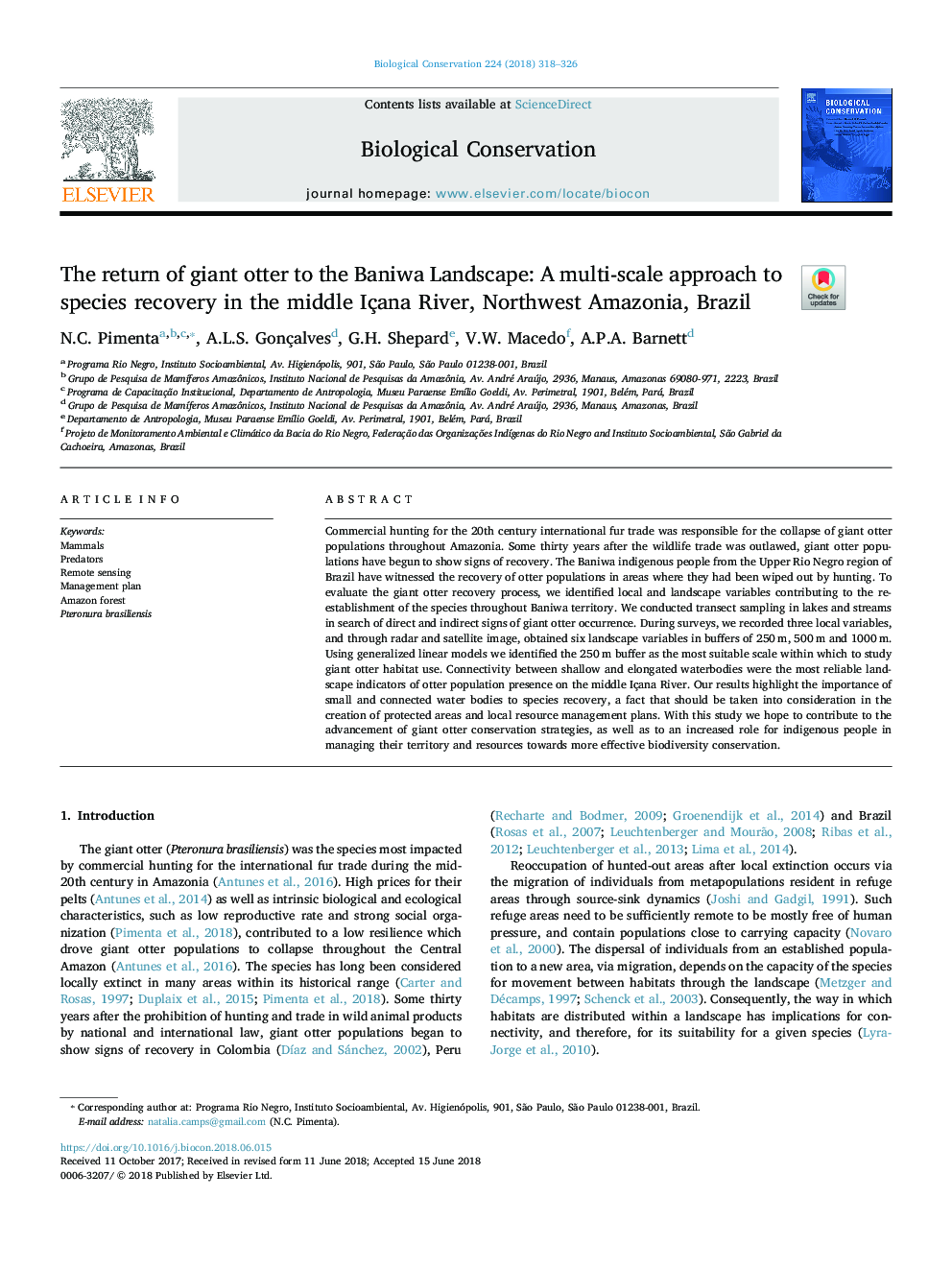 The return of giant otter to the Baniwa Landscape: A multi-scale approach to species recovery in the middle Içana River, Northwest Amazonia, Brazil