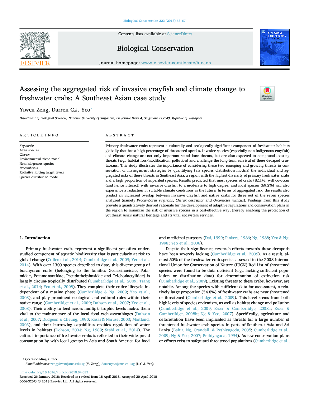 ارزیابی ریسک جمع و جور خرچنگ تهاجمی و تغییرات آب و هوایی به خرچنگ های آب شیرین: مطالعه موردی جنوب شرقی آسیا 