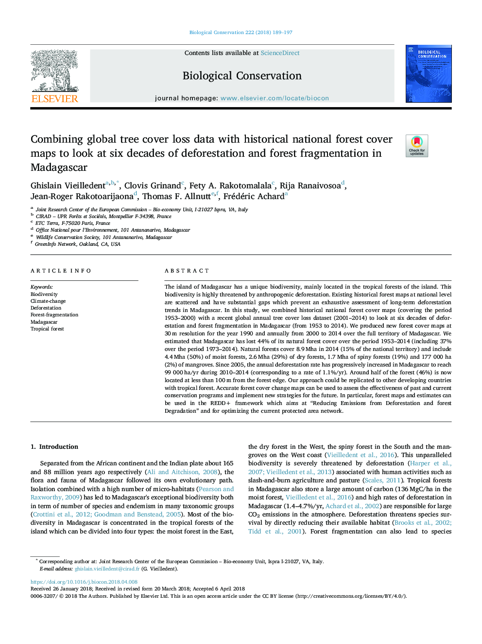 Combining global tree cover loss data with historical national forest cover maps to look at six decades of deforestation and forest fragmentation in Madagascar