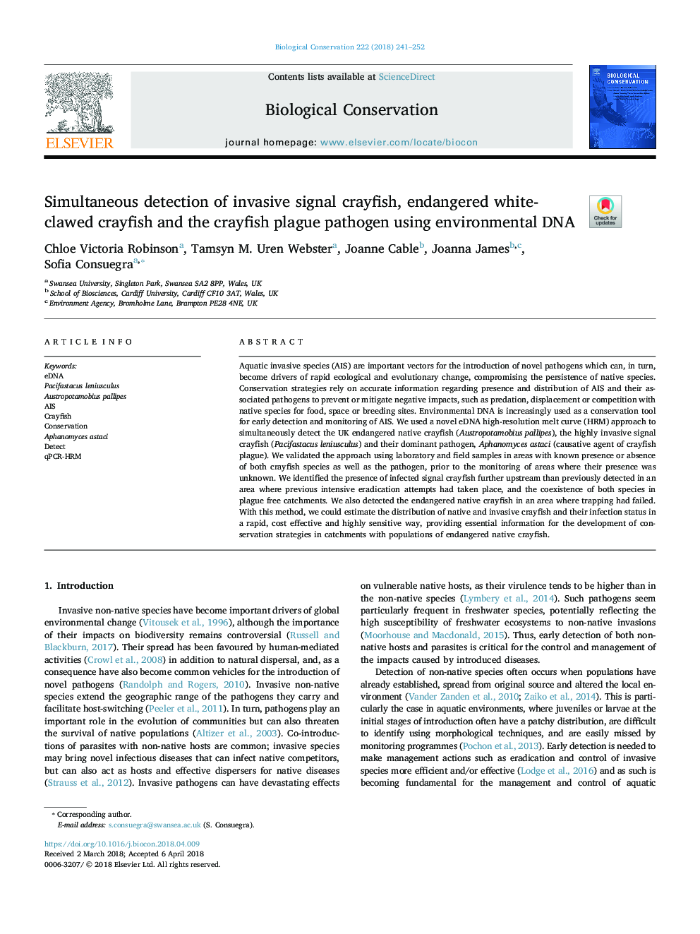 عکس صفحه اول مقاله: Simultaneous detection of invasive signal crayfish, endangered white-clawed crayfish and the crayfish plague pathogen using environmental DNA Simultaneous detection of invasive signal crayfish, endangered white-clawed crayfish and the crayfish plague pathogen using environmental DNA