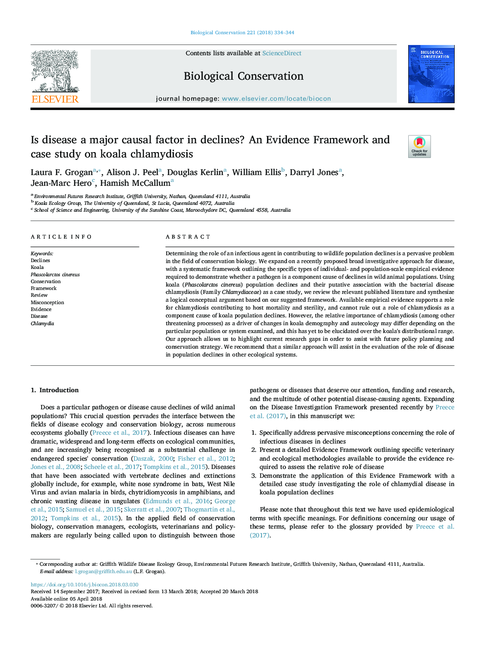 Is disease a major causal factor in declines? An Evidence Framework and case study on koala chlamydiosis