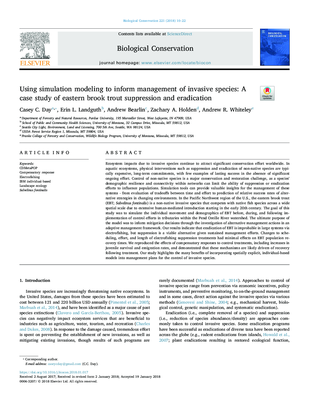 Using simulation modeling to inform management of invasive species: A case study of eastern brook trout suppression and eradication