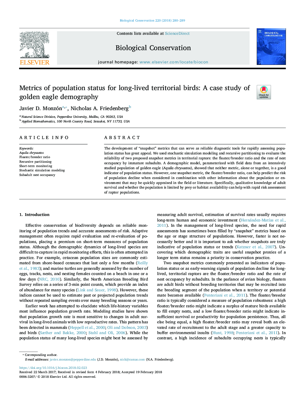 Metrics of population status for long-lived territorial birds: A case study of golden eagle demography