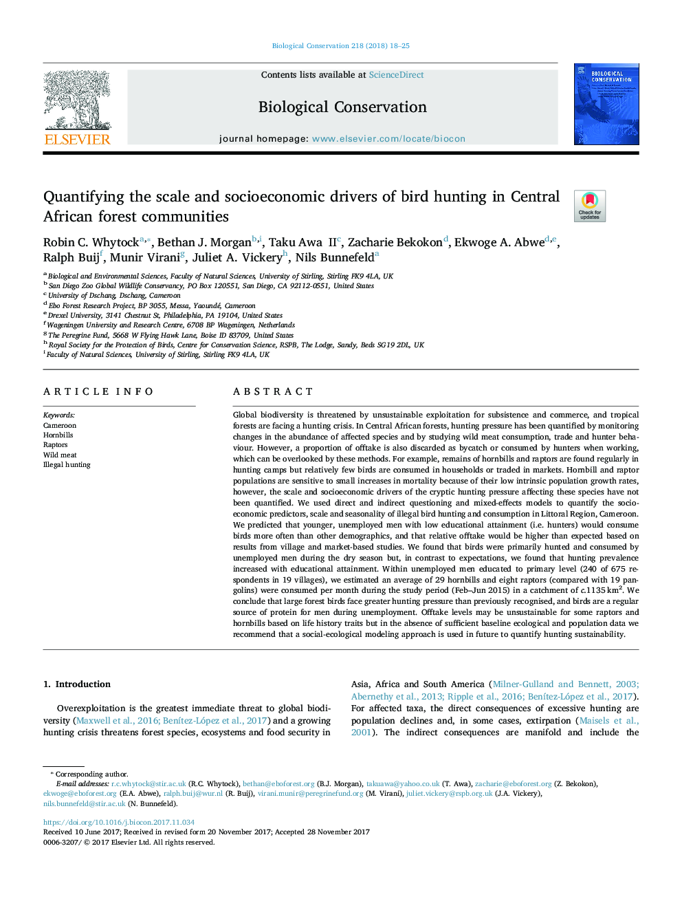 Quantifying the scale and socioeconomic drivers of bird hunting in Central African forest communities