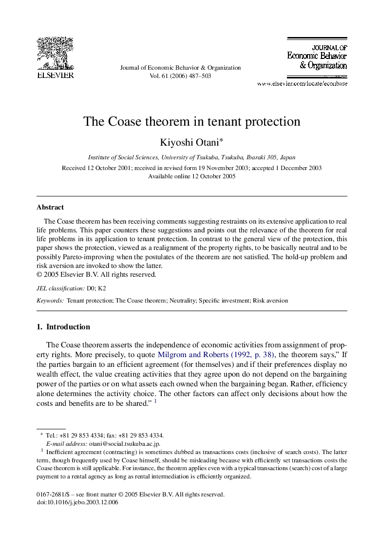 عکس صفحه اول مقاله: The Coase theorem in tenant protection The Coase theorem in tenant protection