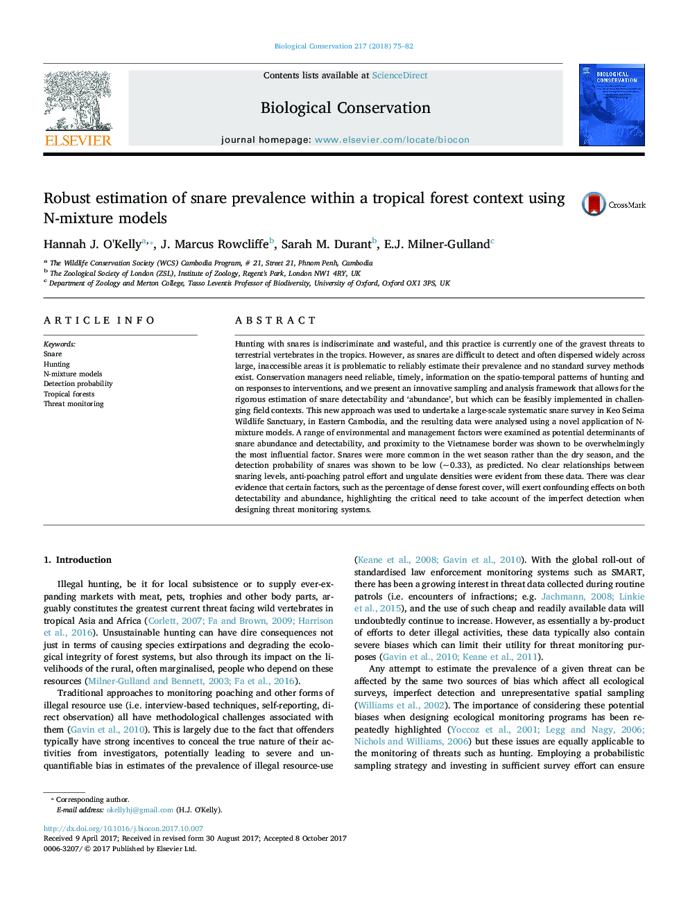 عکس صفحه اول مقاله: Robust estimation of snare prevalence within a tropical forest context using N-mixture models Robust estimation of snare prevalence within a tropical forest context using N-mixture models