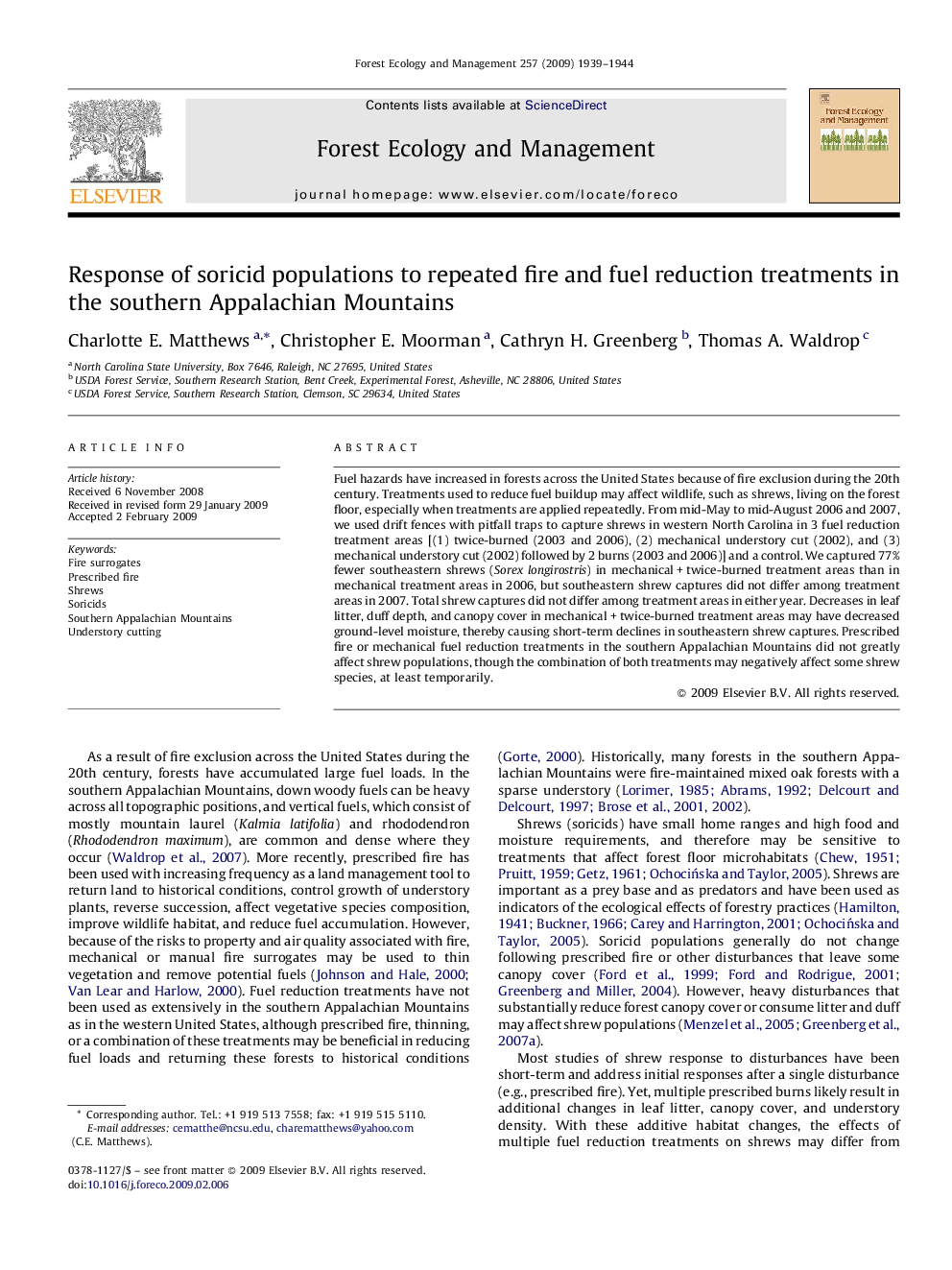 Response of soricid populations to repeated fire and fuel reduction treatments in the southern Appalachian Mountains