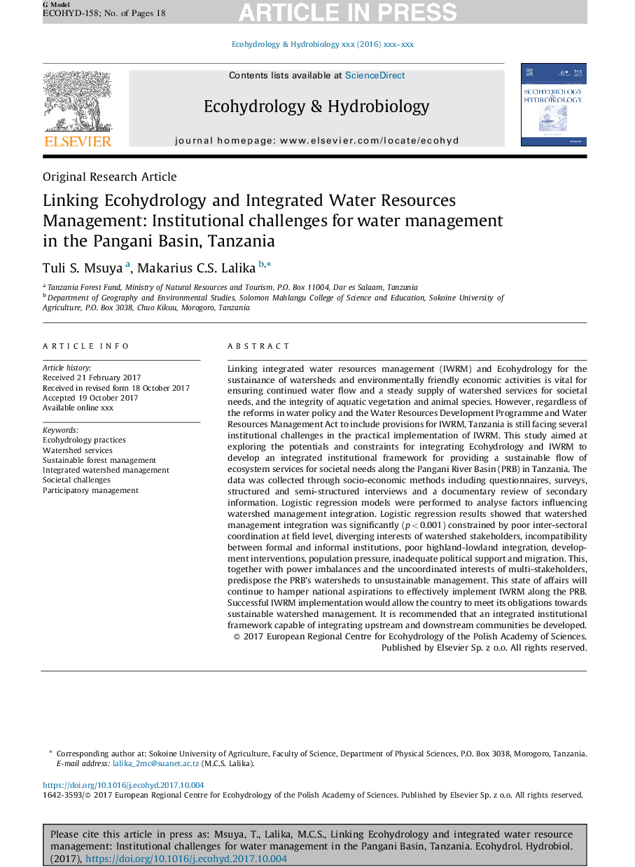 Linking Ecohydrology and Integrated Water Resources Management: Institutional challenges for water management in the Pangani Basin, Tanzania