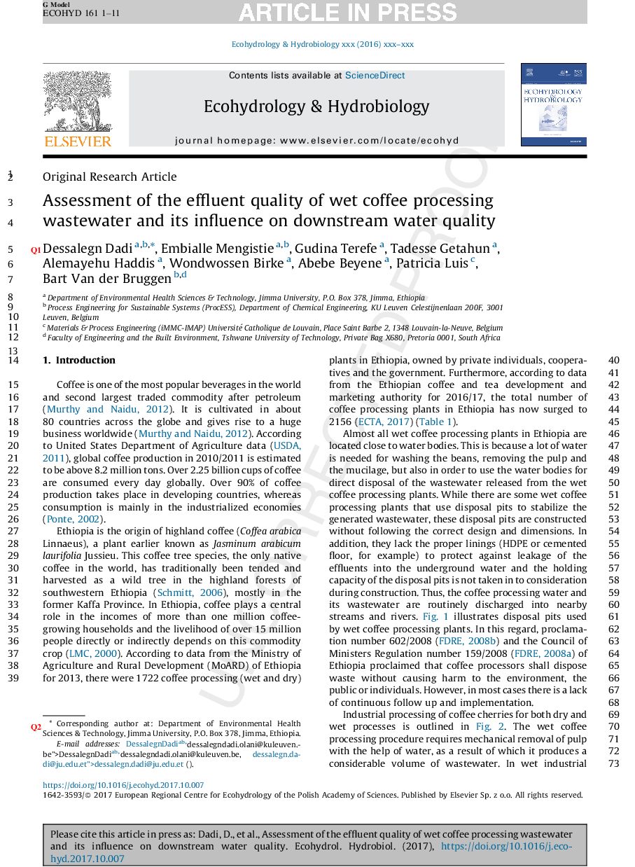 Assessment of the effluent quality of wet coffee processing wastewater and its influence on downstream water quality