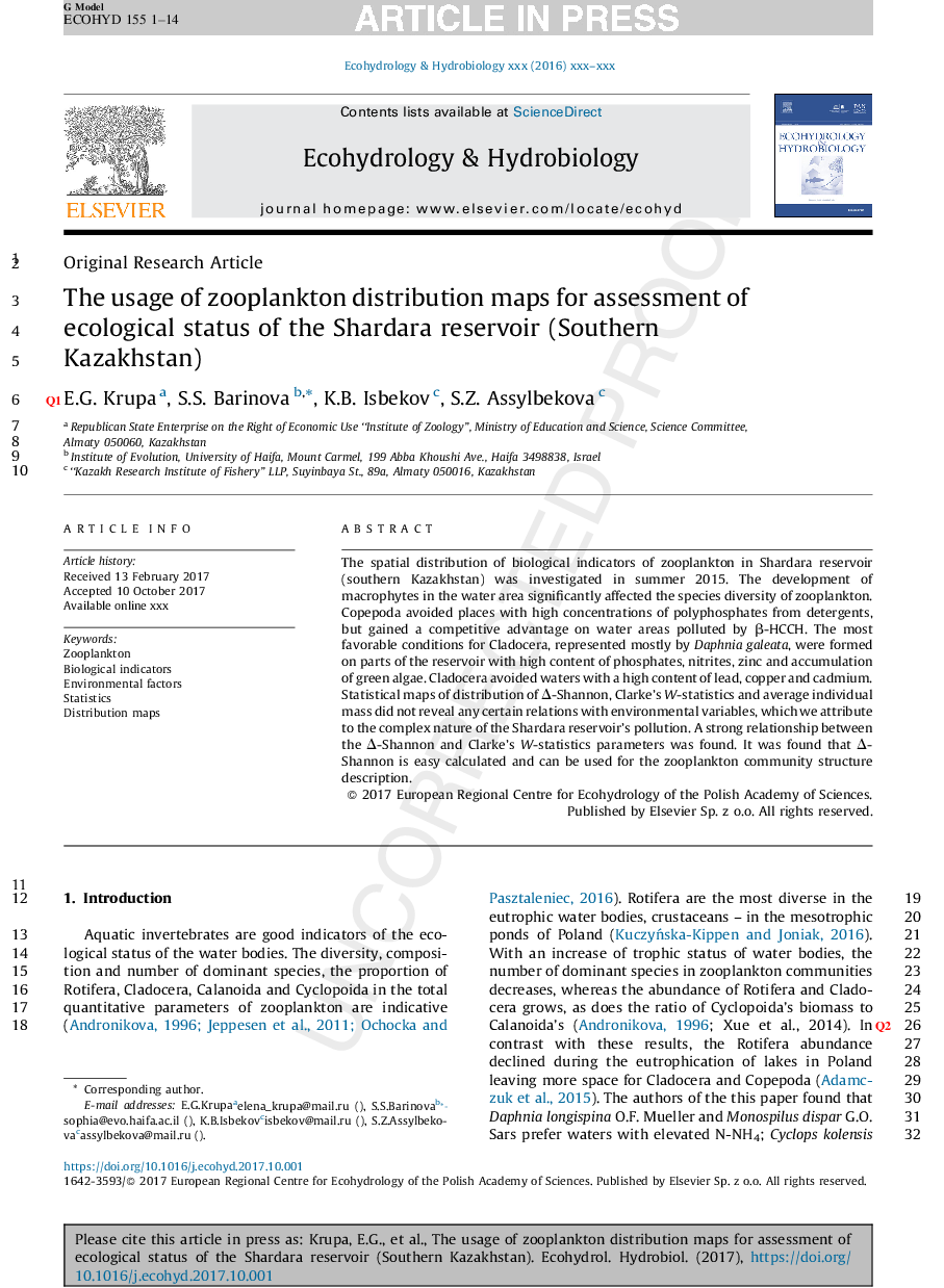 The use of zooplankton distribution maps for assessment of ecological status of the Shardara reservoir (Southern Kazakhstan)