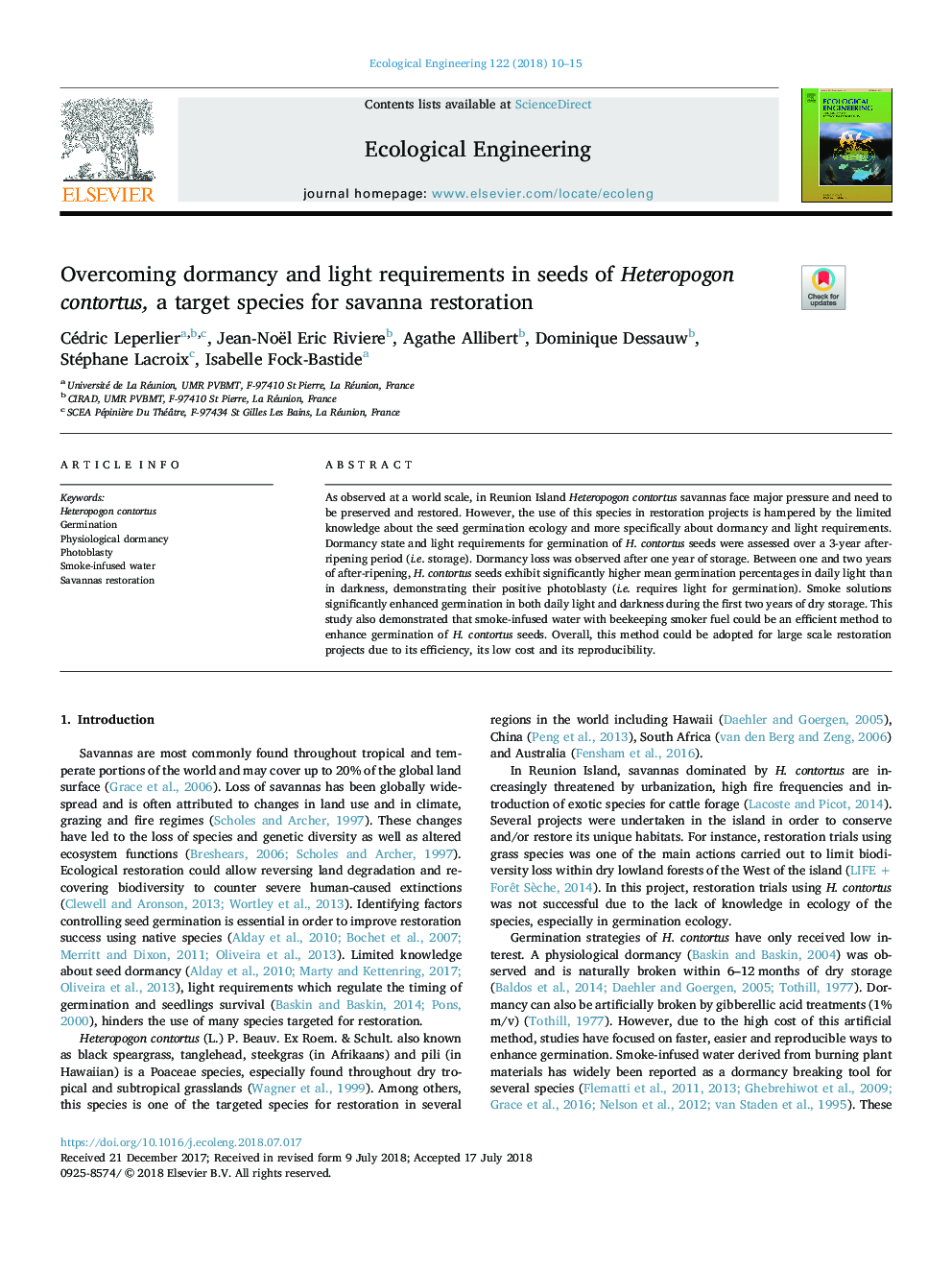 Overcoming dormancy and light requirements in seeds of Heteropogon contortus, a target species for savanna restoration