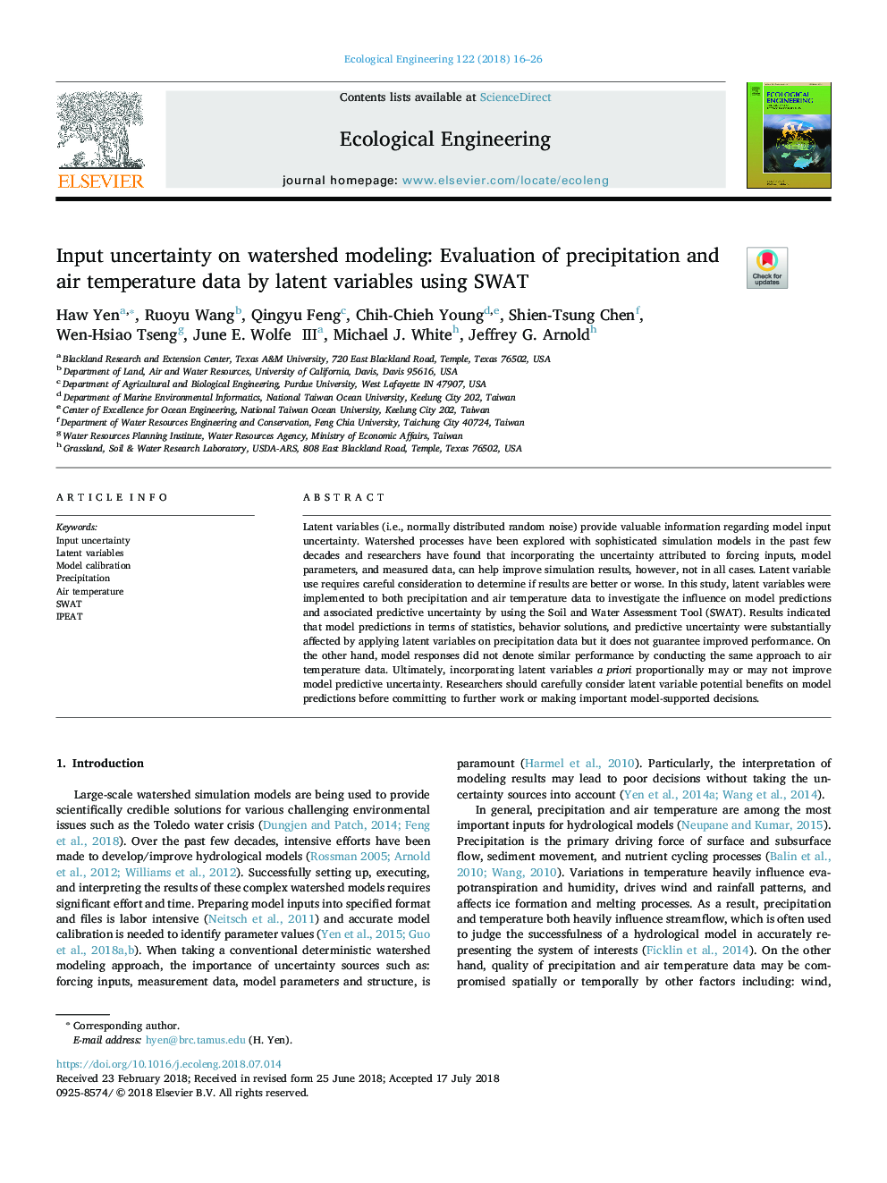 Input uncertainty on watershed modeling: Evaluation of precipitation and air temperature data by latent variables using SWAT