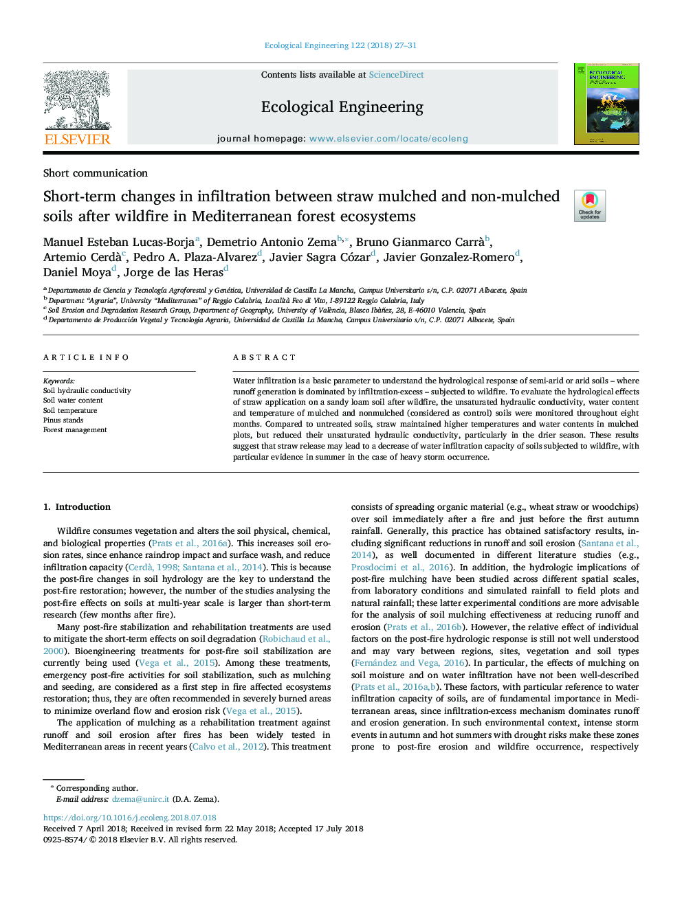 Short-term changes in infiltration between straw mulched and non-mulched soils after wildfire in Mediterranean forest ecosystems