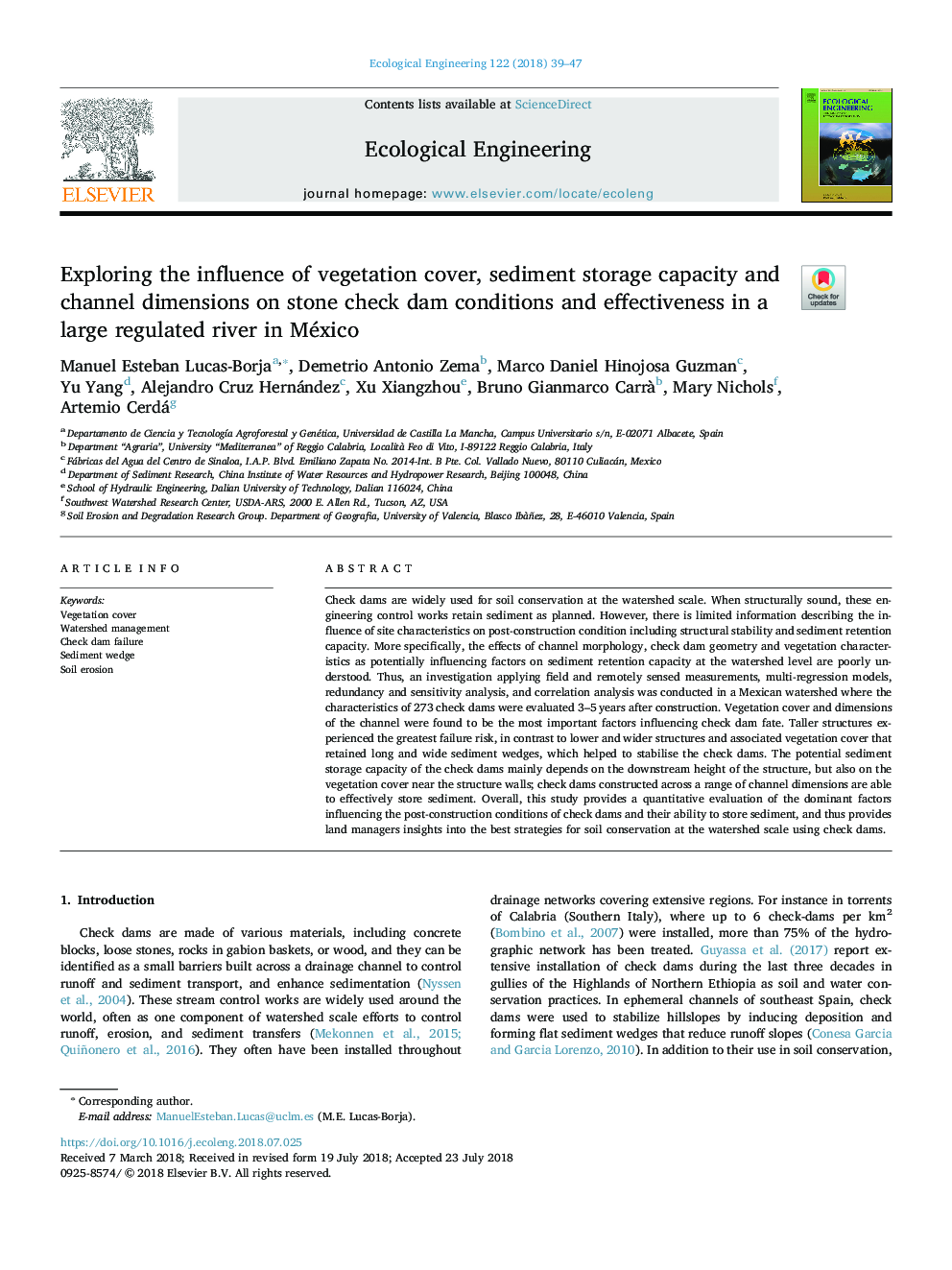 Exploring the influence of vegetation cover, sediment storage capacity and channel dimensions on stone check dam conditions and effectiveness in a large regulated river in México