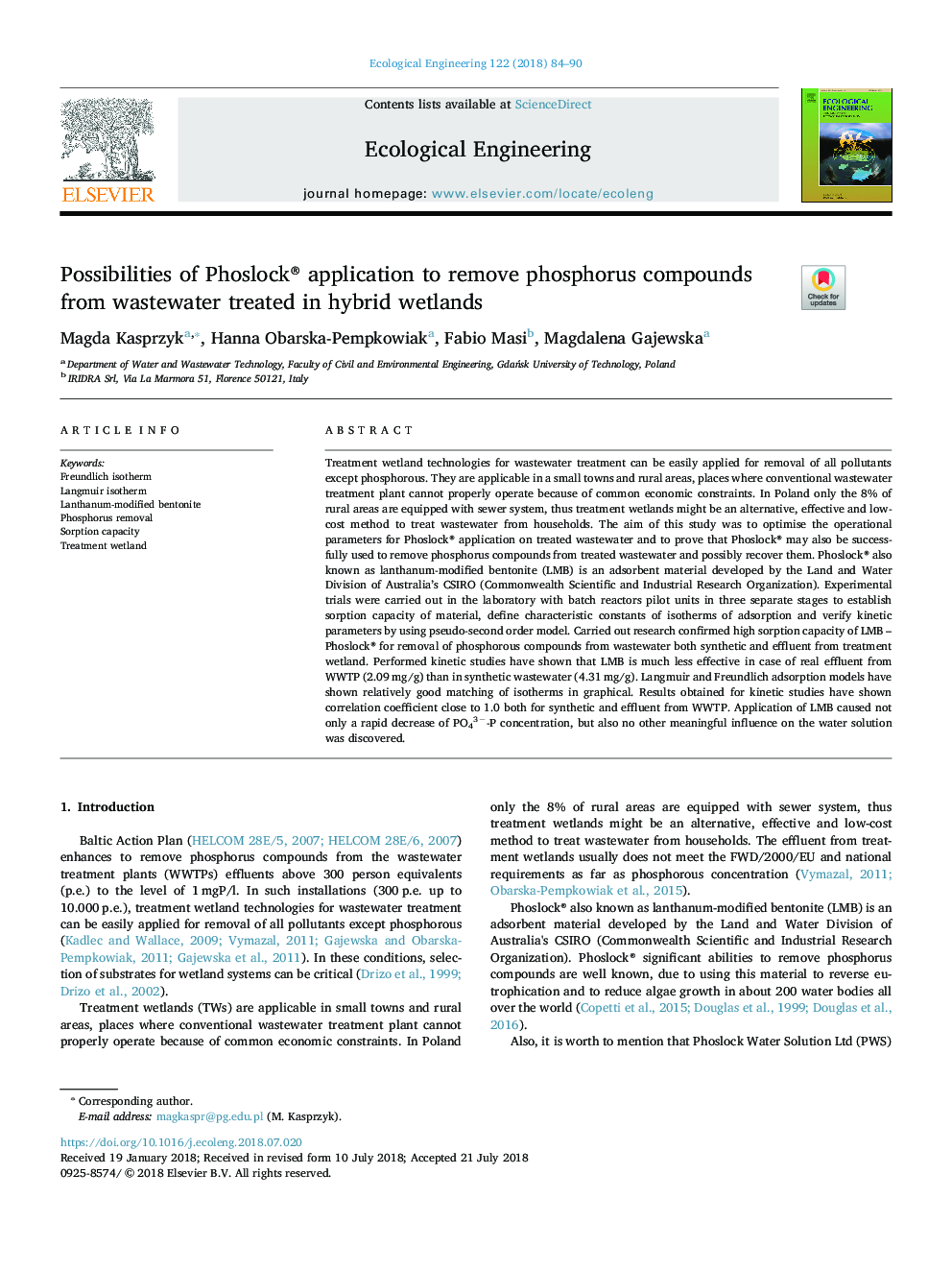 Possibilities of Phoslock® application to remove phosphorus compounds from wastewater treated in hybrid wetlands