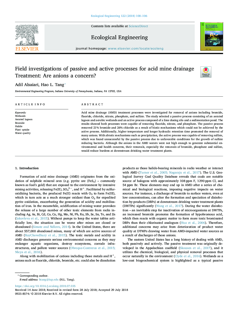 Field investigations of passive and active processes for acid mine drainage Treatment: Are anions a concern?