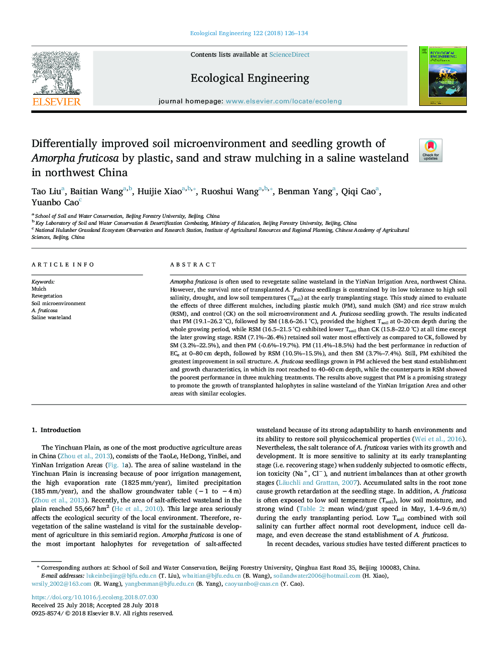 Differentially improved soil microenvironment and seedling growth of Amorpha fruticosa by plastic, sand and straw mulching in a saline wasteland in northwest China