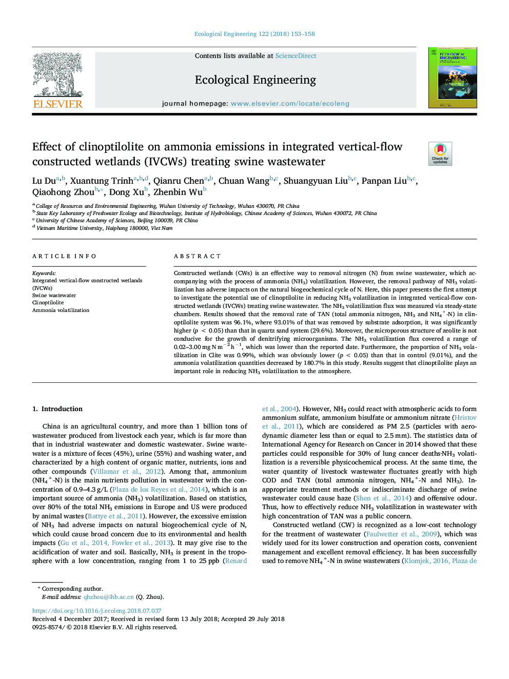 Effect of clinoptilolite on ammonia emissions in integrated vertical-flow constructed wetlands (IVCWs) treating swine wastewater