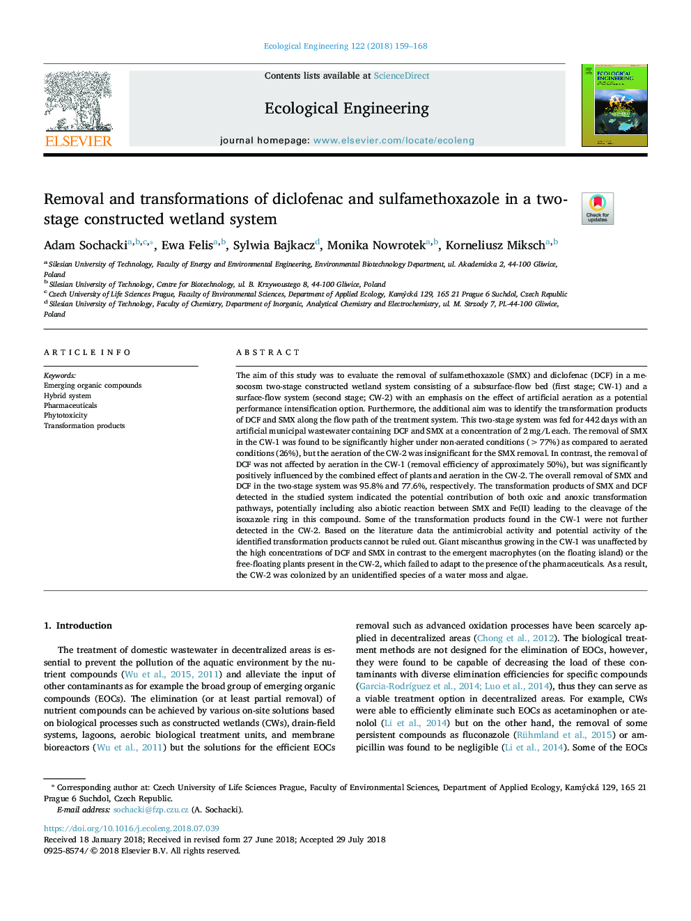 حذف و تحولات دیکلوفناک و سولفامتوکسازول در یک سیستم دو مرحله ای تالاب 