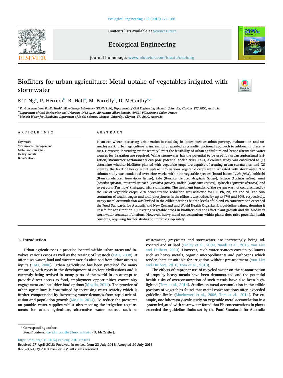 Biofilters for urban agriculture: Metal uptake of vegetables irrigated with stormwater