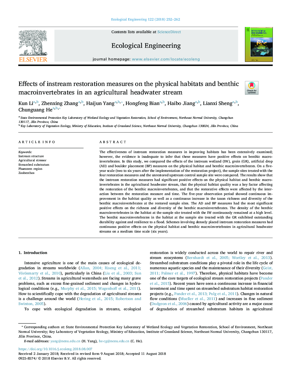 Effects of instream restoration measures on the physical habitats and benthic macroinvertebrates in an agricultural headwater stream