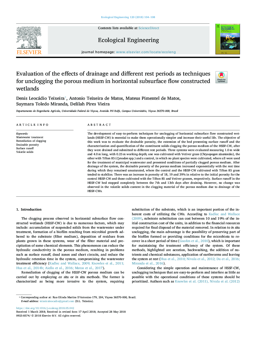 Evaluation of the effects of drainage and different rest periods as techniques for unclogging the porous medium in horizontal subsurface flow constructed wetlands