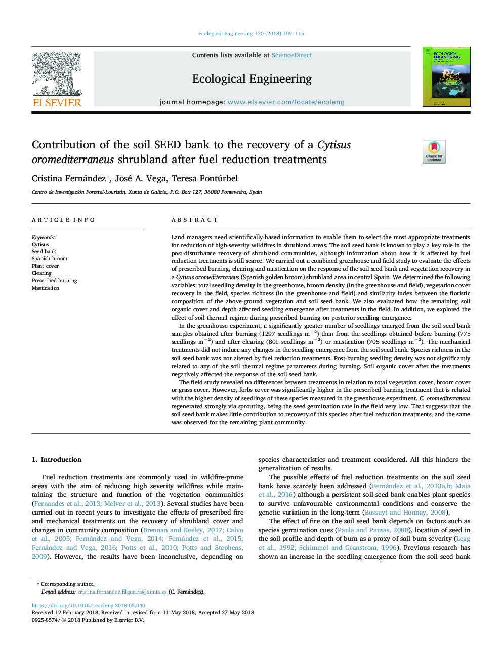 Contribution of the soil SEED bank to the recovery of a Cytisus oromediterraneus shrubland after fuel reduction treatments