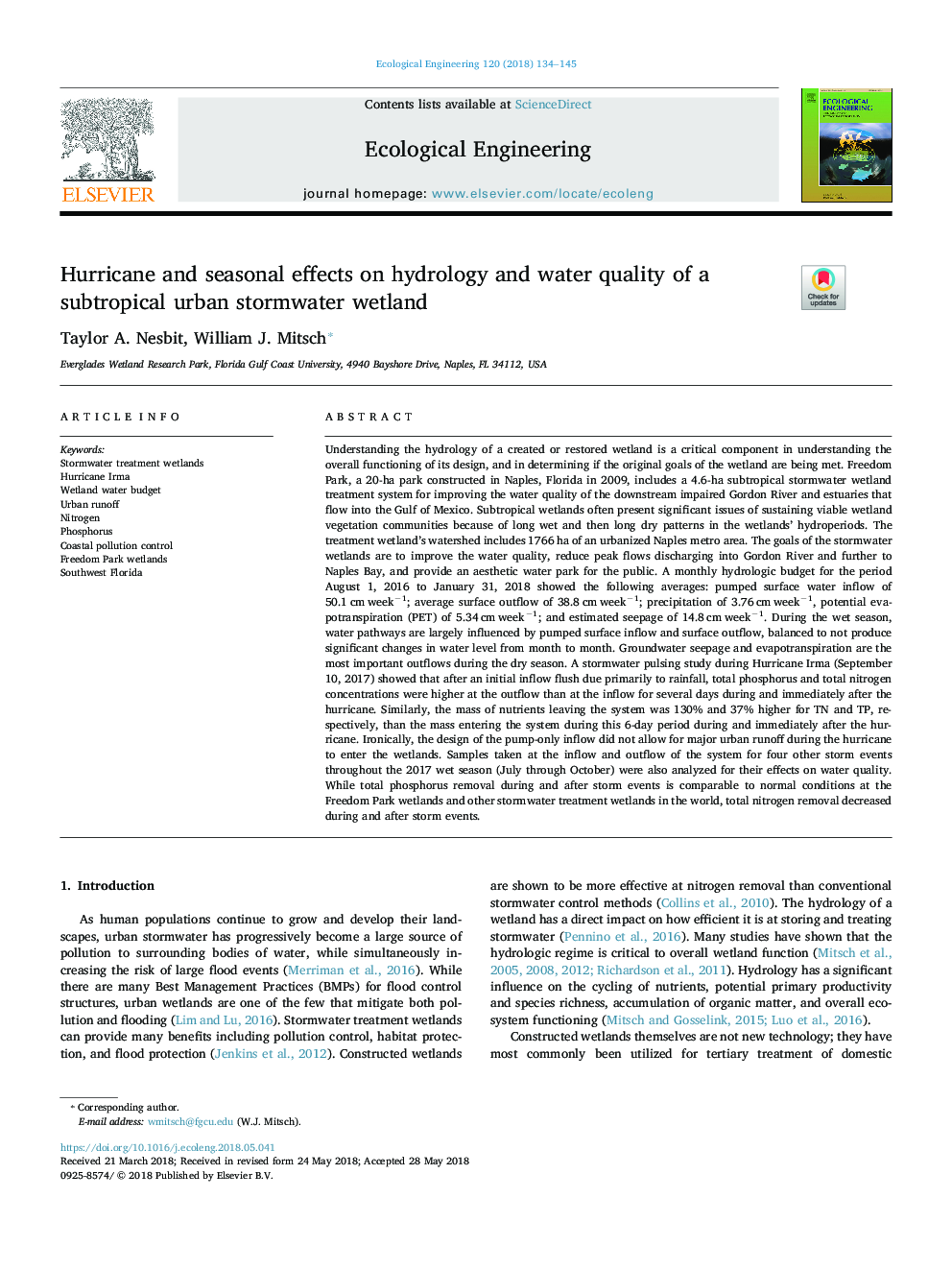 Hurricane and seasonal effects on hydrology and water quality of a subtropical urban stormwater wetland