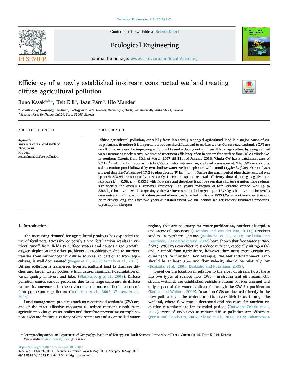 Efficiency of a newly established in-stream constructed wetland treating diffuse agricultural pollution