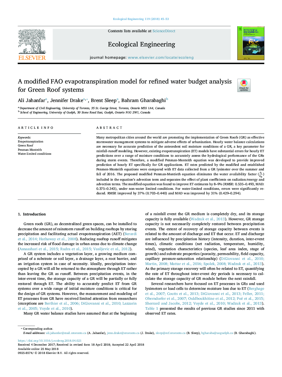 A modified FAO evapotranspiration model for refined water budget analysis for Green Roof systems