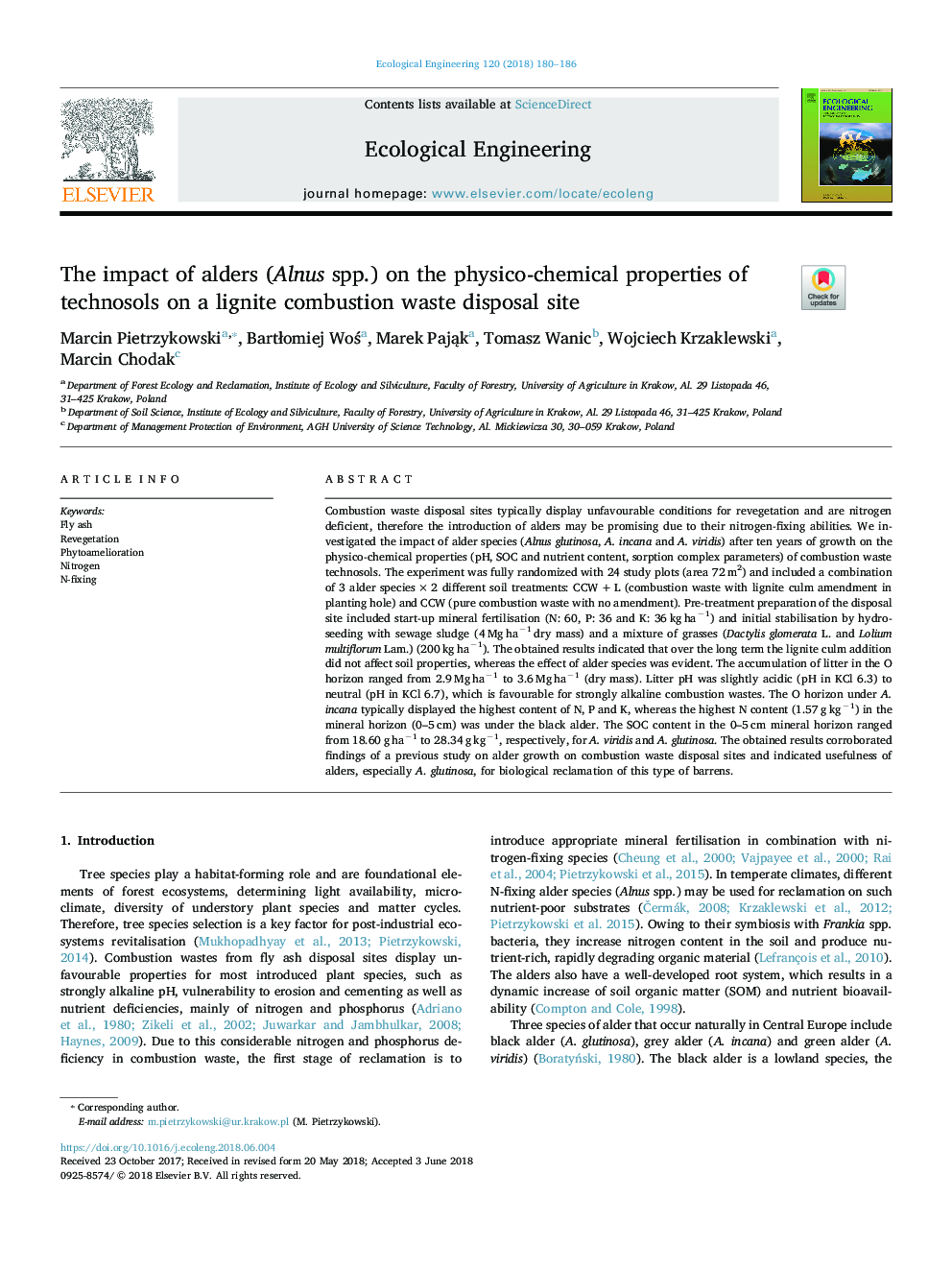 The impact of alders (Alnus spp.) on the physico-chemical properties of technosols on a lignite combustion waste disposal site