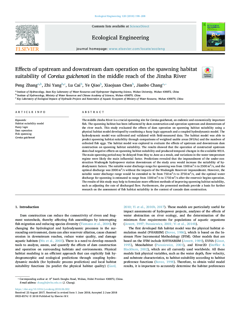 Effects of upstream and downstream dam operation on the spawning habitat suitability of Coreius guichenoti in the middle reach of the Jinsha River