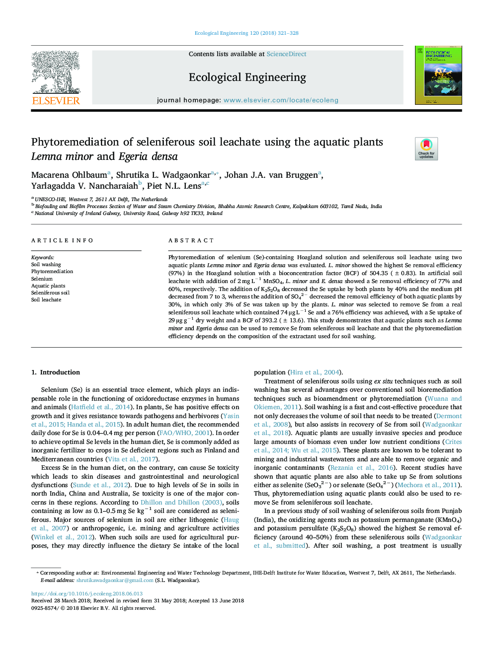 Phytoremediation of seleniferous soil leachate using the aquatic plants Lemna minor and Egeria densa