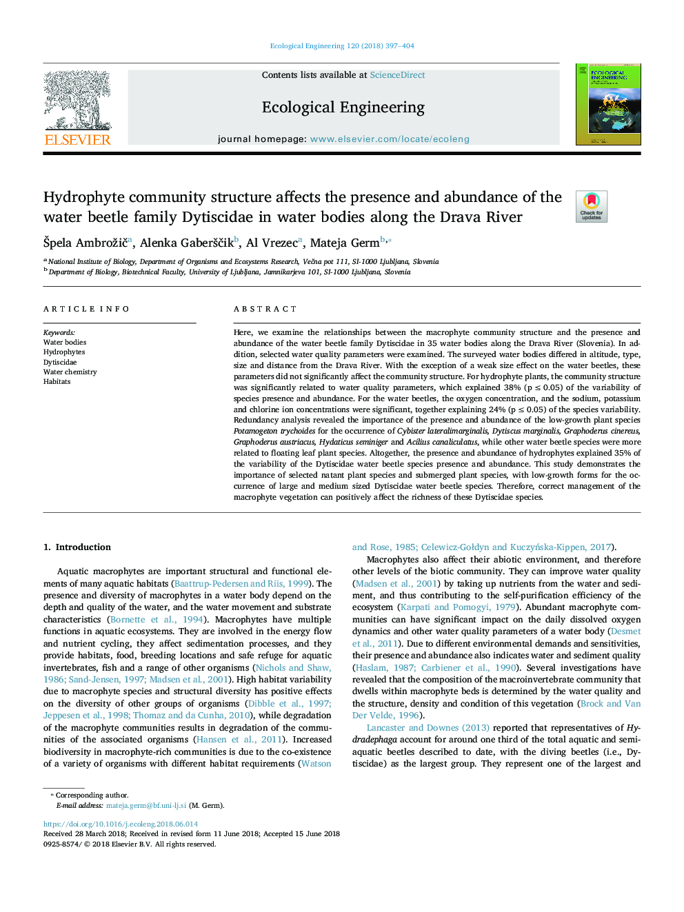 Hydrophyte community structure affects the presence and abundance of the water beetle family Dytiscidae in water bodies along the Drava River