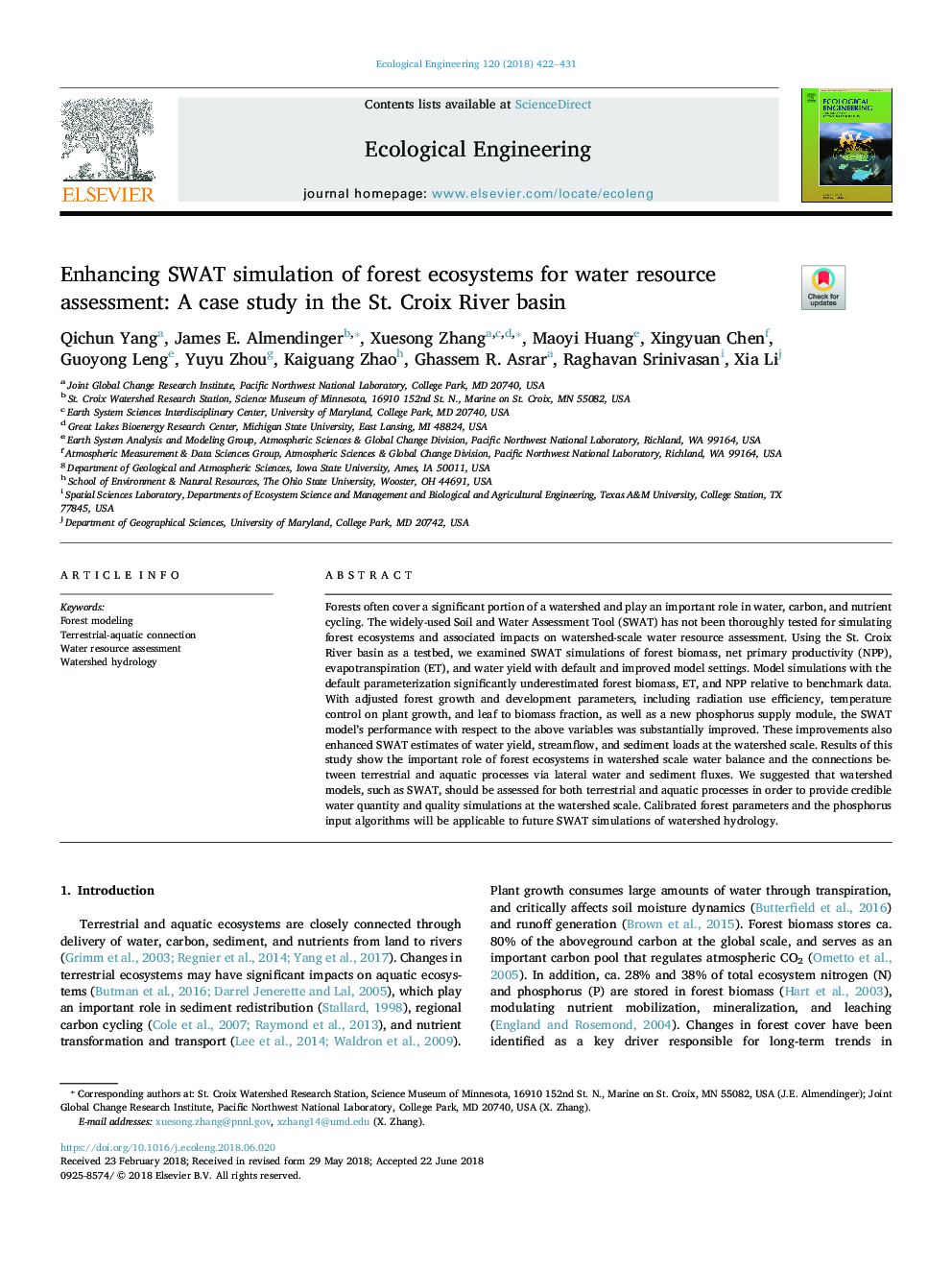 Enhancing SWAT simulation of forest ecosystems for water resource assessment: A case study in the St. Croix River basin