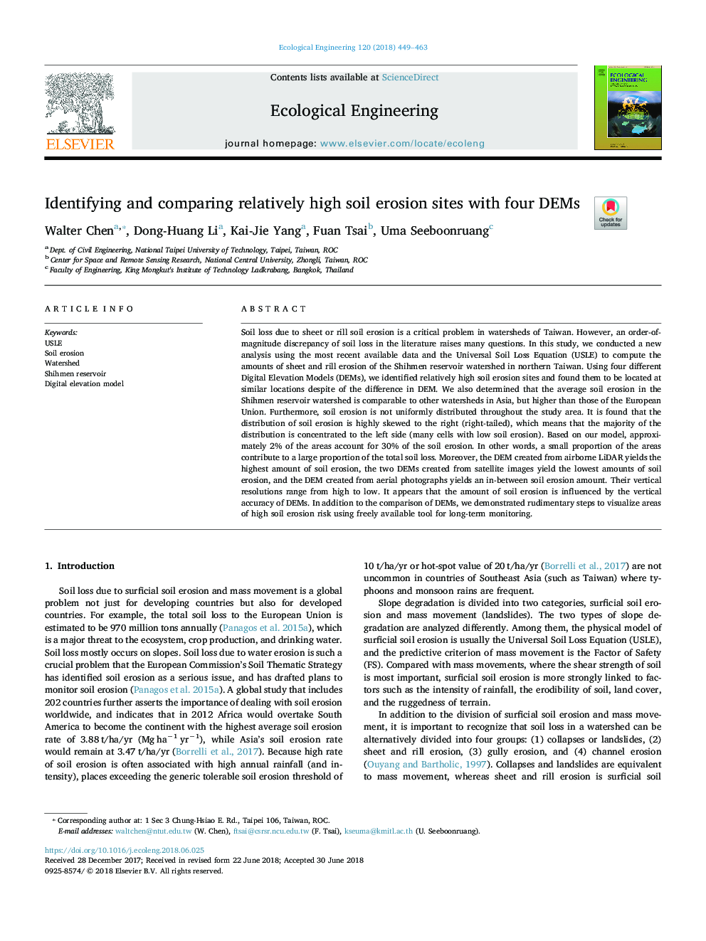 Identifying and comparing relatively high soil erosion sites with four DEMs