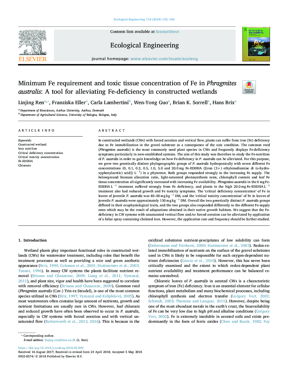 Minimum Fe requirement and toxic tissue concentration of Fe in Phragmites australis: A tool for alleviating Fe-deficiency in constructed wetlands