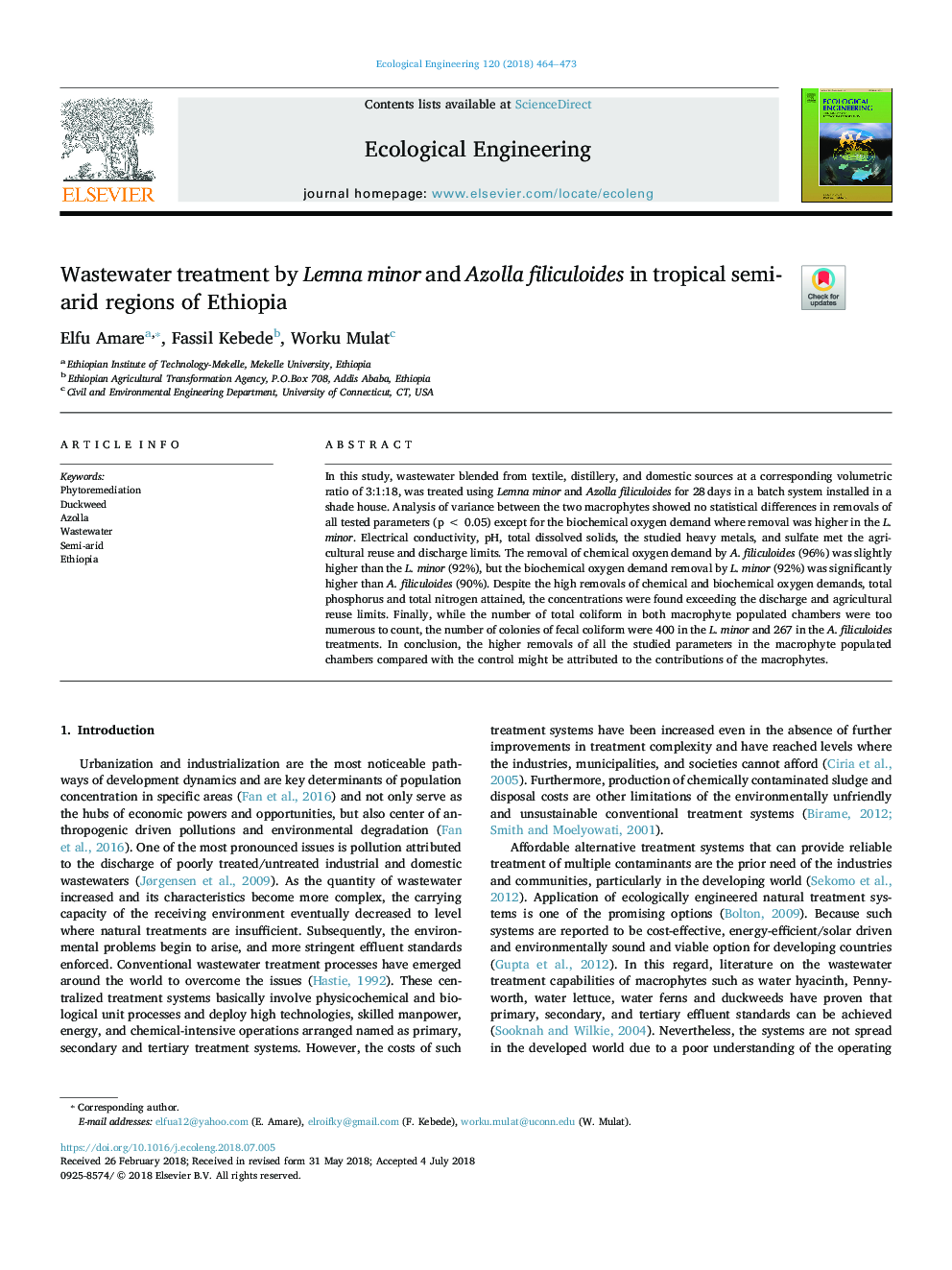 Wastewater treatment by Lemna minor and Azolla filiculoides in tropical semi-arid regions of Ethiopia