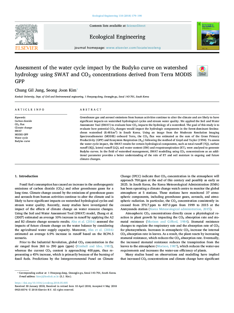 Assessment of the water cycle impact by the Budyko curve on watershed hydrology using SWAT and CO2 concentrations derived from Terra MODIS GPP