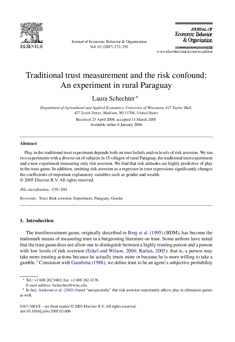 Traditional trust measurement and the risk confound: An experiment in rural Paraguay