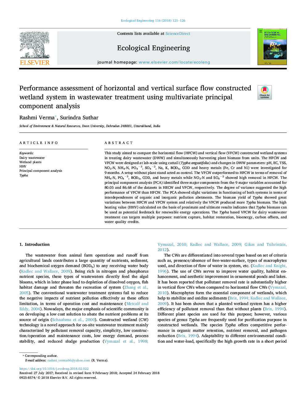 Performance assessment of horizontal and vertical surface flow constructed wetland system in wastewater treatment using multivariate principal component analysis